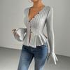 Women Tops Slim Fit V Neck Flared Long Sleeve Ruffle Detail Knitting Tops Solid Color Buttons Closure Winter Sweater