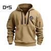 Men Fall Winter Hoodie Solid Color Drawstring Long Sleeves Half Zipper Embroidery Badge Big Pocket Hooded Loose Daily Wear Casual Sport Top