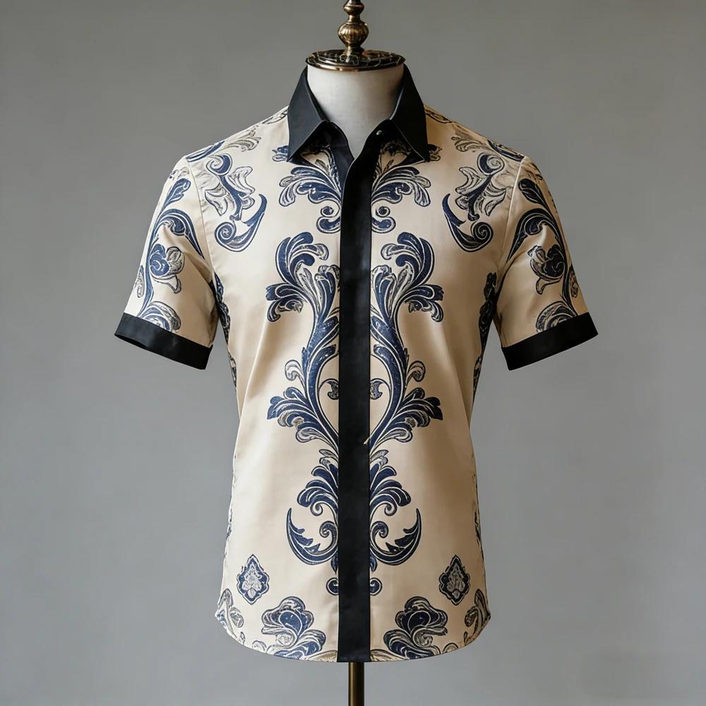 Short-sleeve linen shirt with vintage ornate floral print, casual wear.