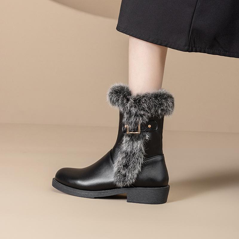 - Large size winter flat heel black fluffy boots, thick bottom comfortable, European and American warm