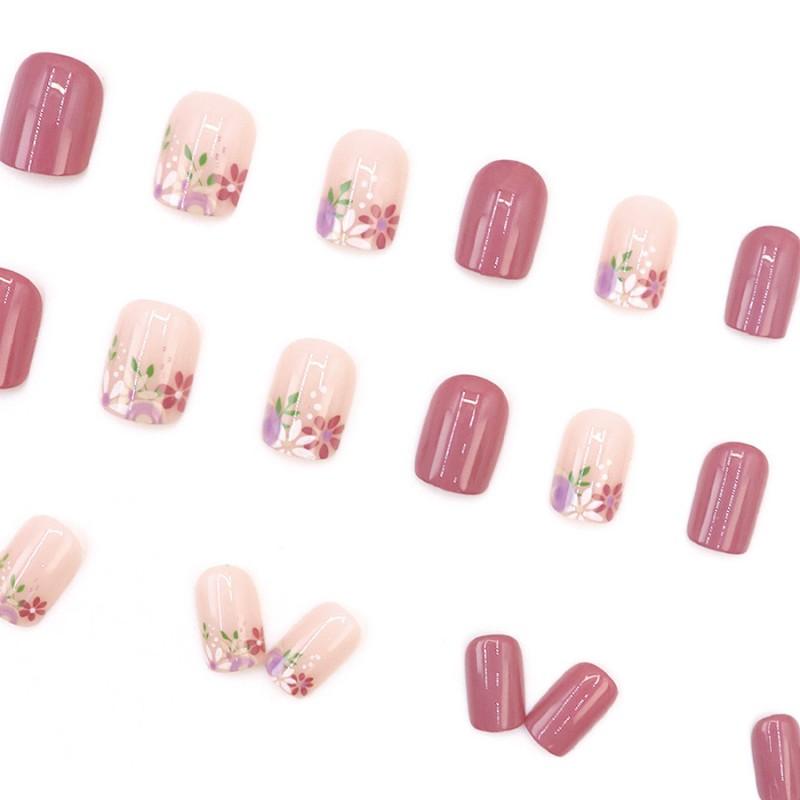Flower Retro Pink Press On Nails Short Sweet Soft False Girls