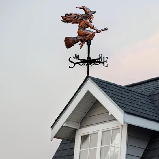 Witch Weather Vane Halloween Flying Witch Weathervane with Roof Mount Metal Direction Indicator for Outdoor Farm Yard Garden Decoration