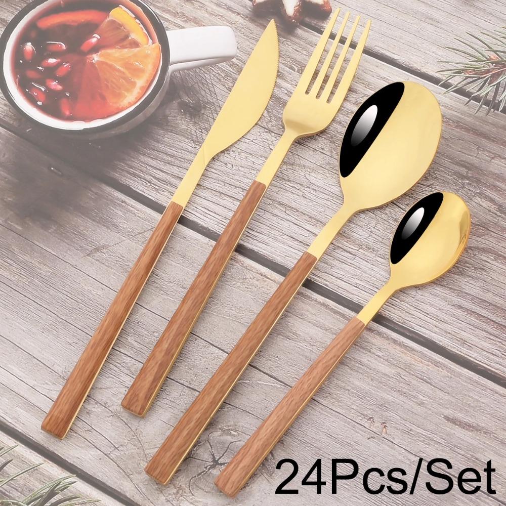 24/30Pcs Knife Forks Dessert Spoon Cutlery Set White Wood Handle Dinnerware Set Steak Stainless Steel Tableware Kitchen Flatware