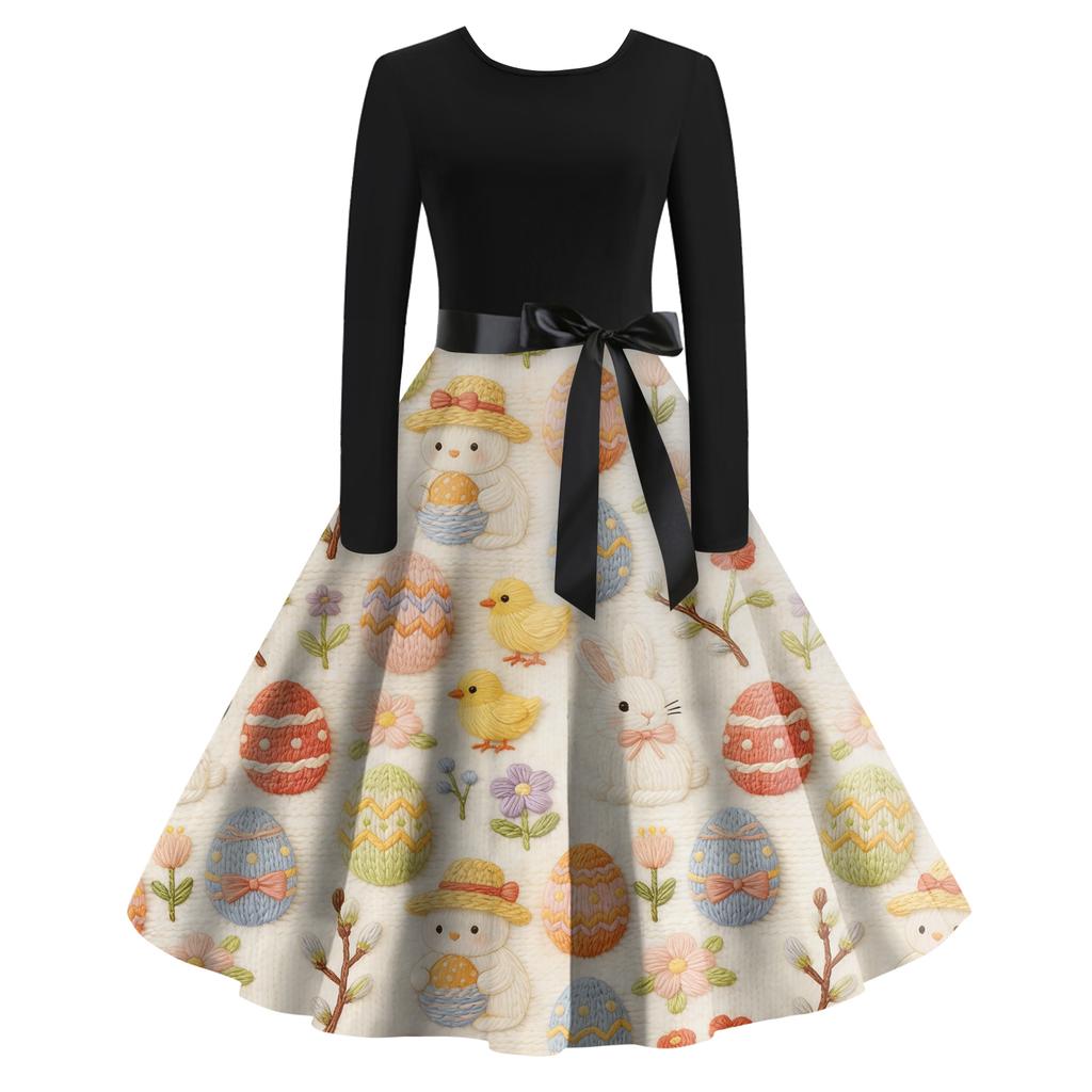 Rochie Retro cu Imprimeu de Crăciun, Casual, de Modă pentru Femei, cu Gât Rotund, Mâneci Lungi