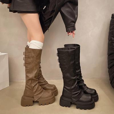 Women Knight Long Booties Platform Thick Heel Western Cowboy Boots Fashion Waterproof Platform Winter Female New Shoes Back Zip