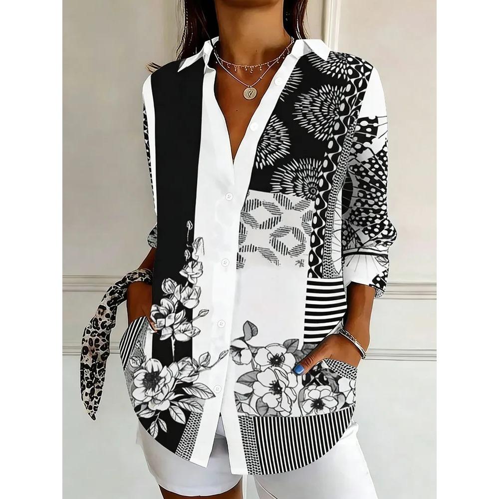 Plus Size Women Long Sleeve Button Shirt Solid Floral Casual Comfort Blouse