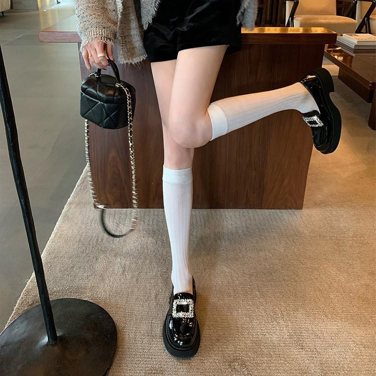 Sheepskin rhinestone square buckle loafers women's platform leather British small leather shoes lazy one pedal thick heel commuting shoes