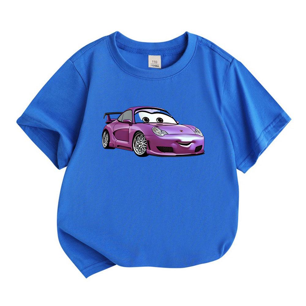Cute Purple Cartoon Racing Car Print Kids T Shirt 100% Cotton Crew Neck Short Sleeve Tops for Boys Girls Casual Soft Breathable Summer Comfortable Dai