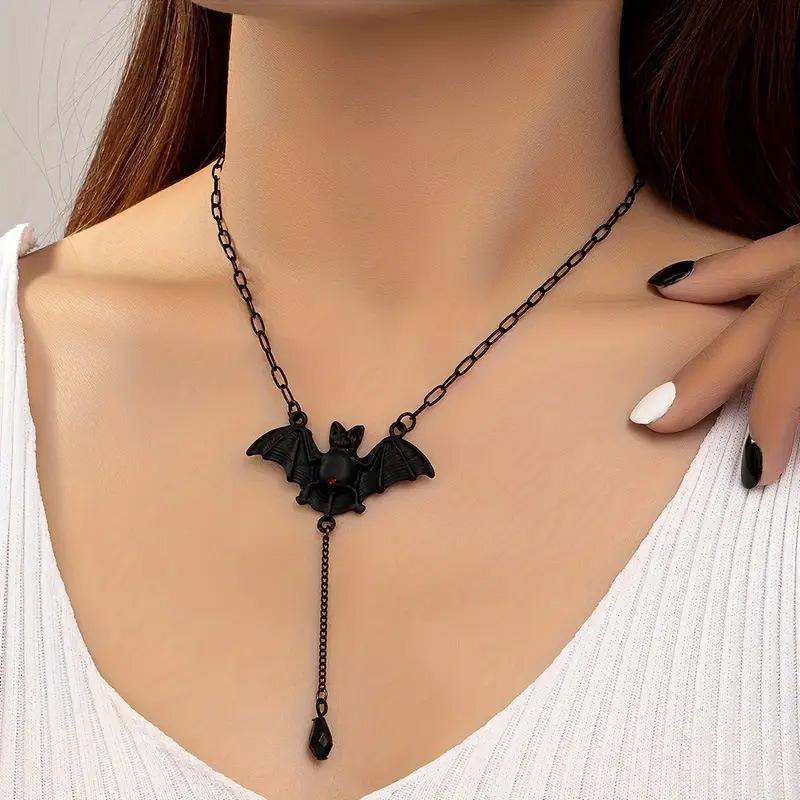 Gotycki Halloweenowy Czarny Nietoperz Łza Wisiorek Naszyjnik dla Kobiet Vintage Dwupoziomowy Kropla Krwi Frędzle Choker Biżuteria Imprezowa dla Dziewcząt