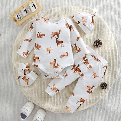 4pcs Baby Adorable Deer Pattern Bodysuit + Hat + Baby Mittens + Comfy Pants Clothing Set