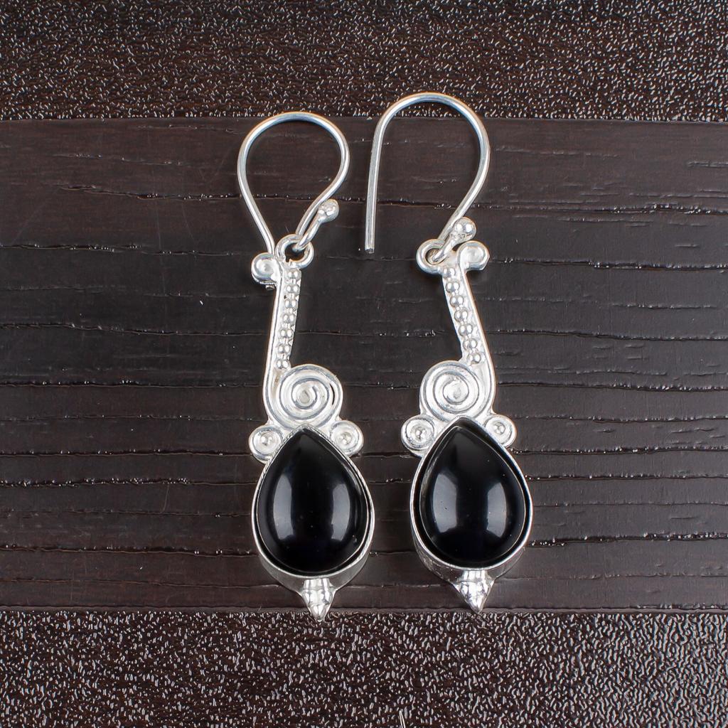 Authentic Black Onyx Gemstone 925 Sterling Silver Artisan Jewelry Earrings 2.10" EE-37-26