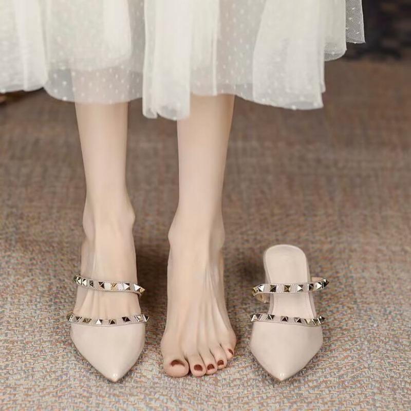 Rivet pointed shoes summer new shallow thick heel half slippers women's outer wear with skirt women's shoes