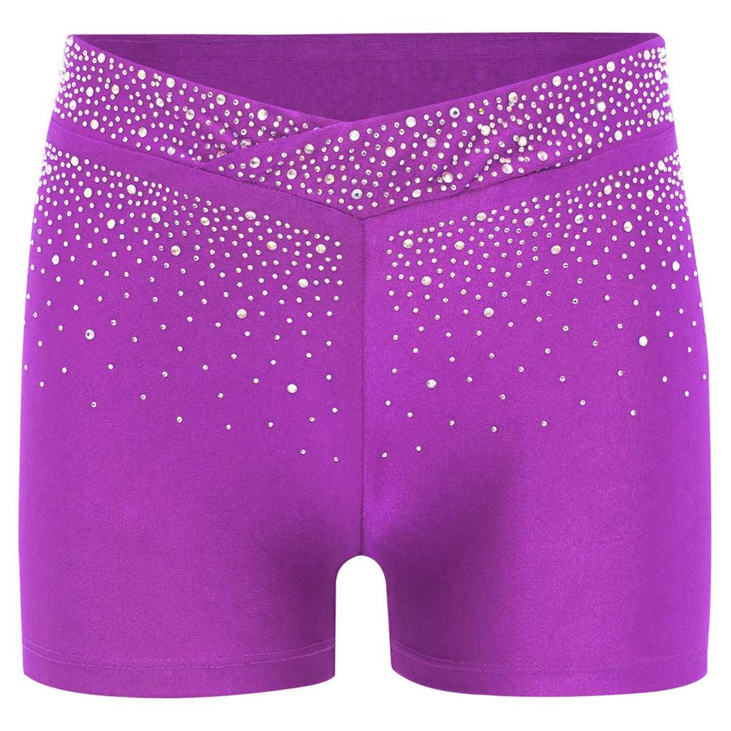 Kids Performance Shorts with Sparkling Rhinestones V-Front Elastic Waistband for Dance Gymnastics