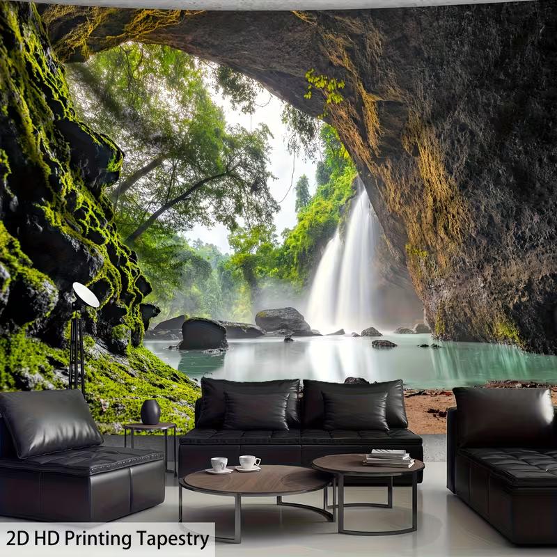 2D Jungle Cave Waterfall Wall Tapestry Tropical Scenery Background Cloth