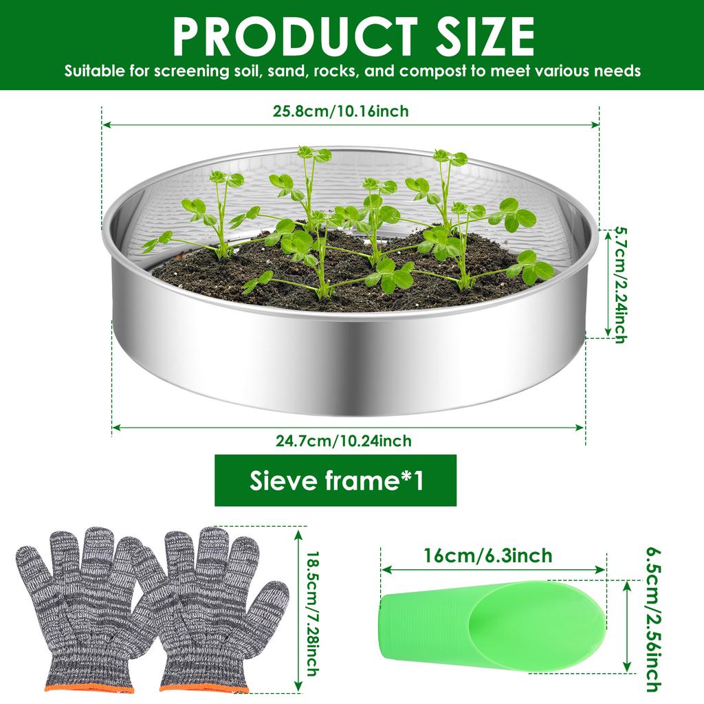 4/6Pcs Soil Sieve Set Stainless Steel Garden Soil Sieve with 3/6/9mm Filter Mesh Rust Resistant Compost Sifter Garden Accessory