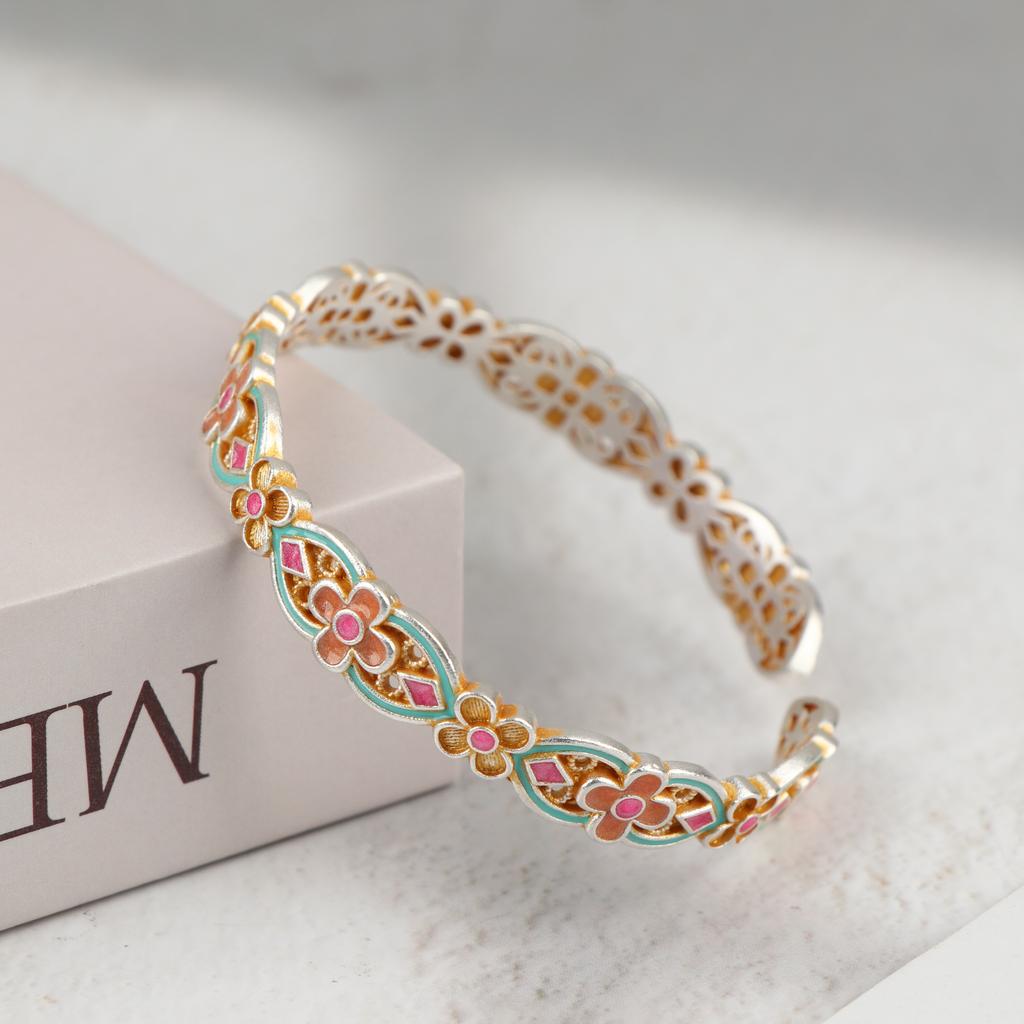 Chinese-Style Retro Colored Enamel Bracelets For Women Flower Pattern Traditional Techniques Luxury Jewelry Gift