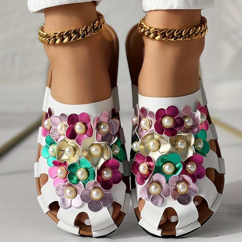 

Жіночі 3d квіткові гірки з декором зі штучних перлів, легкі сліпони із закритим носом для відпустки, напівтягнучі пляжні гірки 40 білий