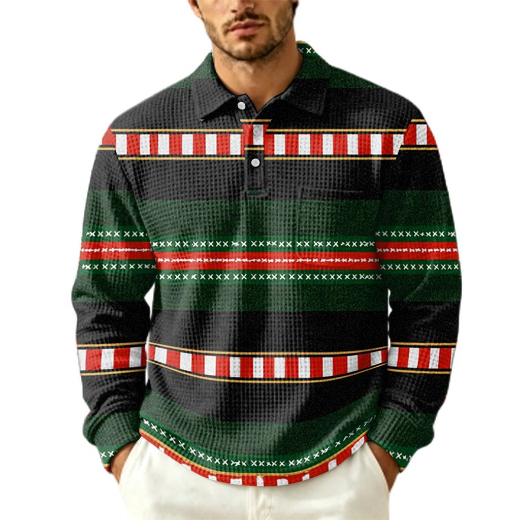 Men's Fall Casual Outdoor Pullover, Long Sleeve Collared Top with Pocket and Christmas Print