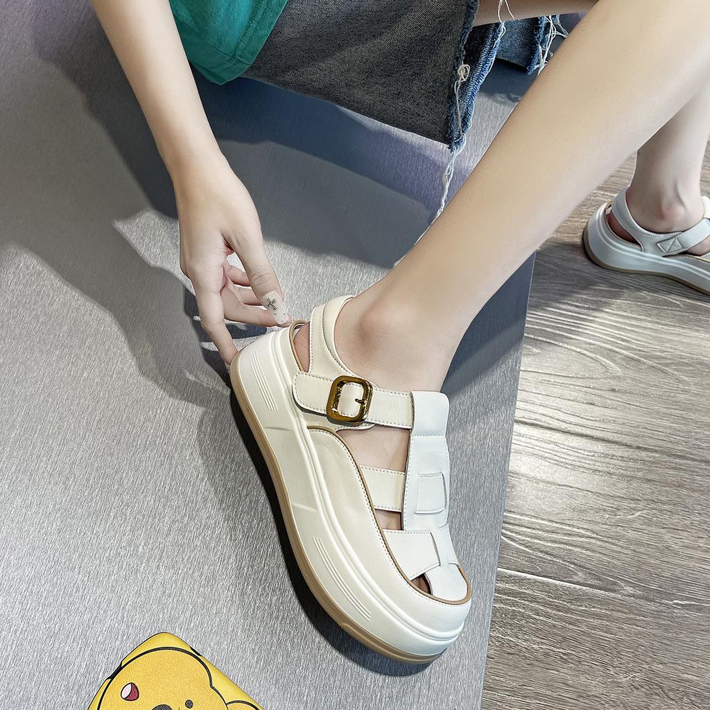 Baotou sandals summer new leather hollow woven muffin thick sole wear beach casual shoes