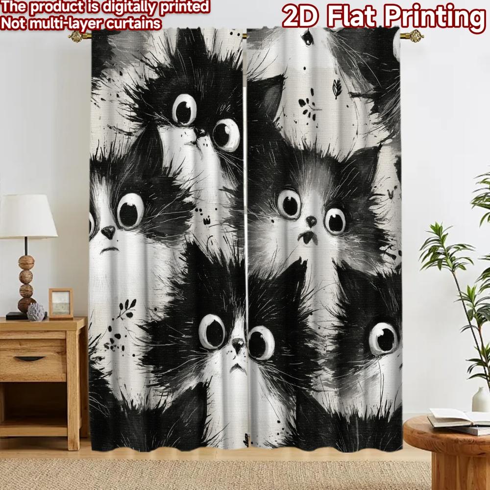 2D flat printing 2pcs Curtain Window Treatment Curtains Curious Black Cats Digital Printed Polyester Drapes Seasonal Party &