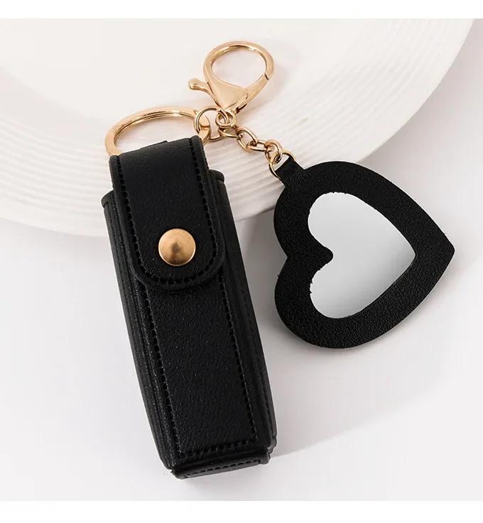 Custom Logo Name Key Chain Ring Small Versatile Keyring New Portable Lipstick Bag Packet Heart Mirror Keychain Mini Leather Gift