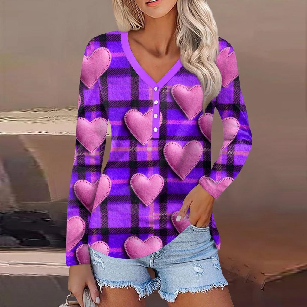 Damen Valentinstag Liebesherz Print Mode Lässig Langarm V-Ausschnitt Knopfhals Oberteil