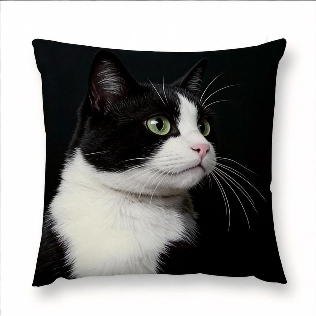 Realistic Black  White Cat Pillow  Cushion Cover Pc  HD Portrait with Green Eyes Modern Decor for Sofa or Bedroom