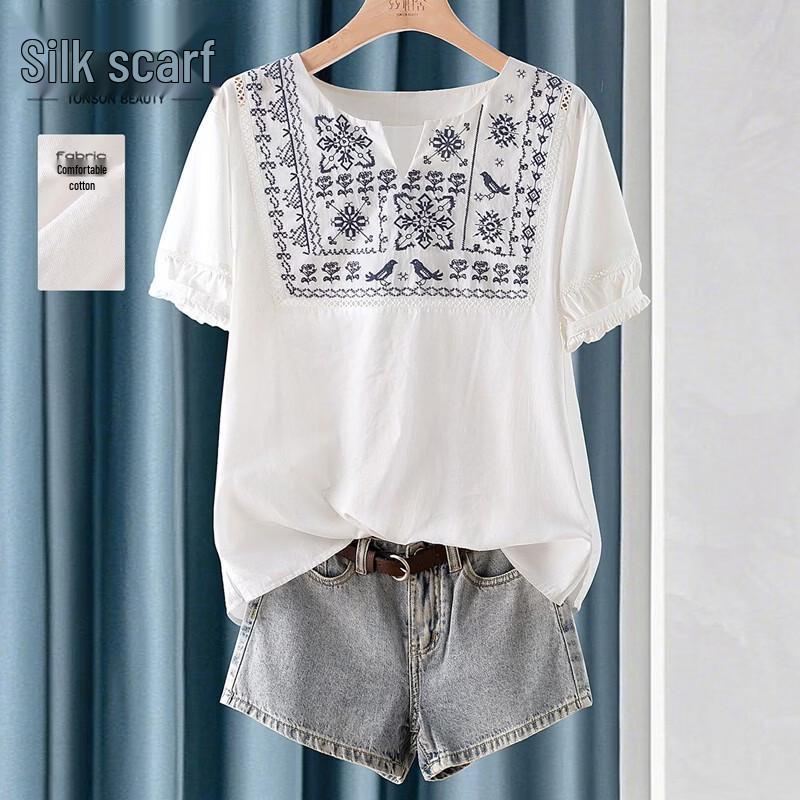Women s Retro Embroidered Loose Pullover Shirt S