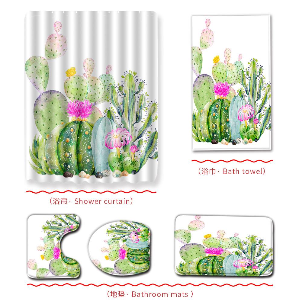 Cactus Bathroom Shower Curtain Bath Towel Floor Mat Five-Piece Set Bathroom Toilet Carpet Shower Foot Mat
