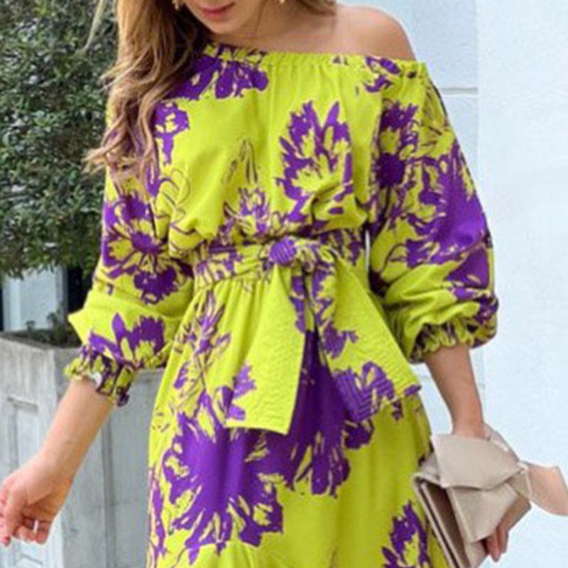 Spring 2026 Elegant Plus Size Off-the-Shoulder Printed Dress - European & American Women's Fashion