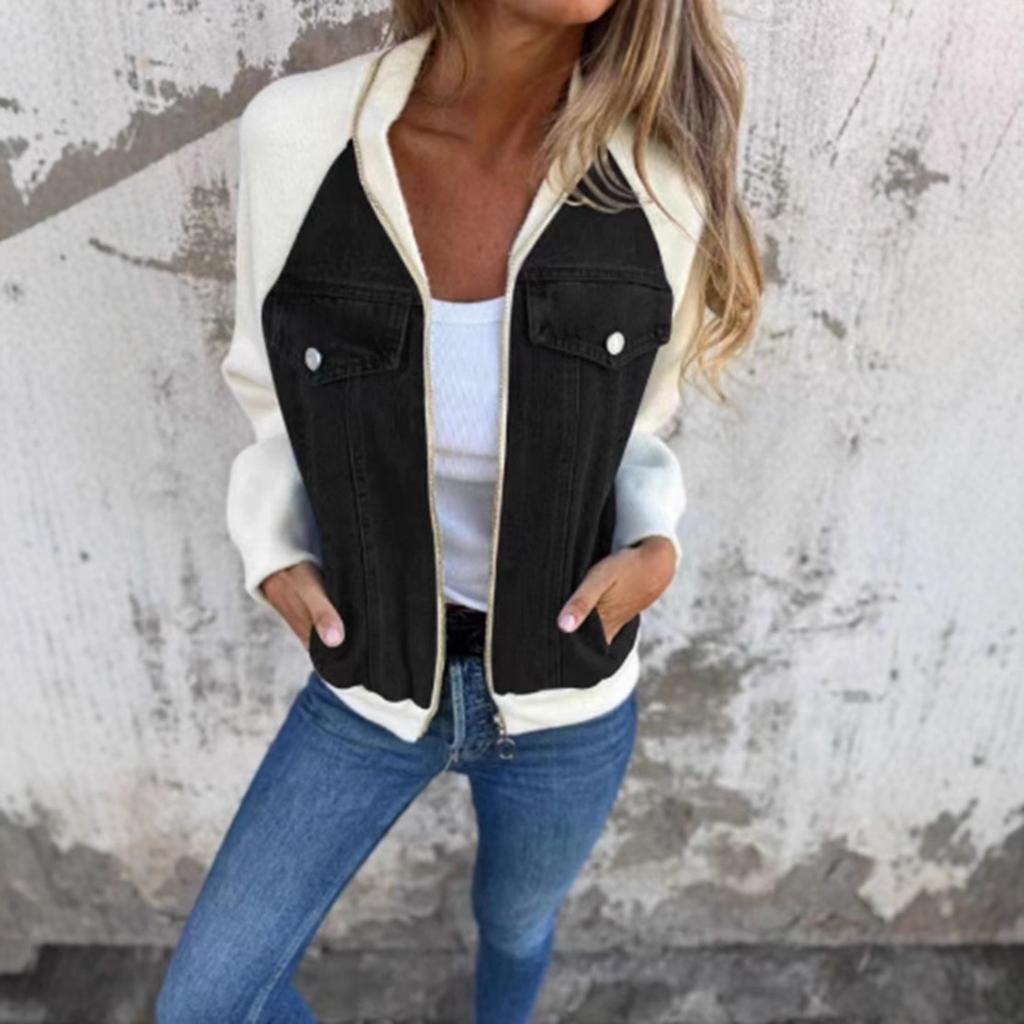 Denim Patchwork Knit Cardigan with Zipper Closure, Multiple Color Options