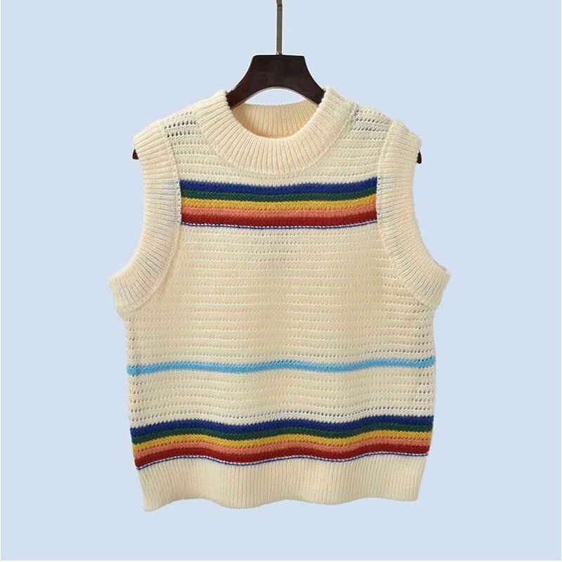 French Style Stripes Knitted Vest Women's Spring and Autumn Outdoor Sleeveless Waistcoat Vest Bandage Dress Short Sweater