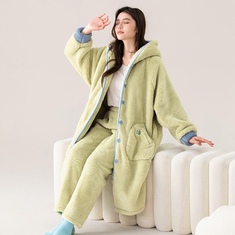 Women's Cute Hooded Coral Fleece Pajama Set - Flannel Long Robe for Autumn/Winter