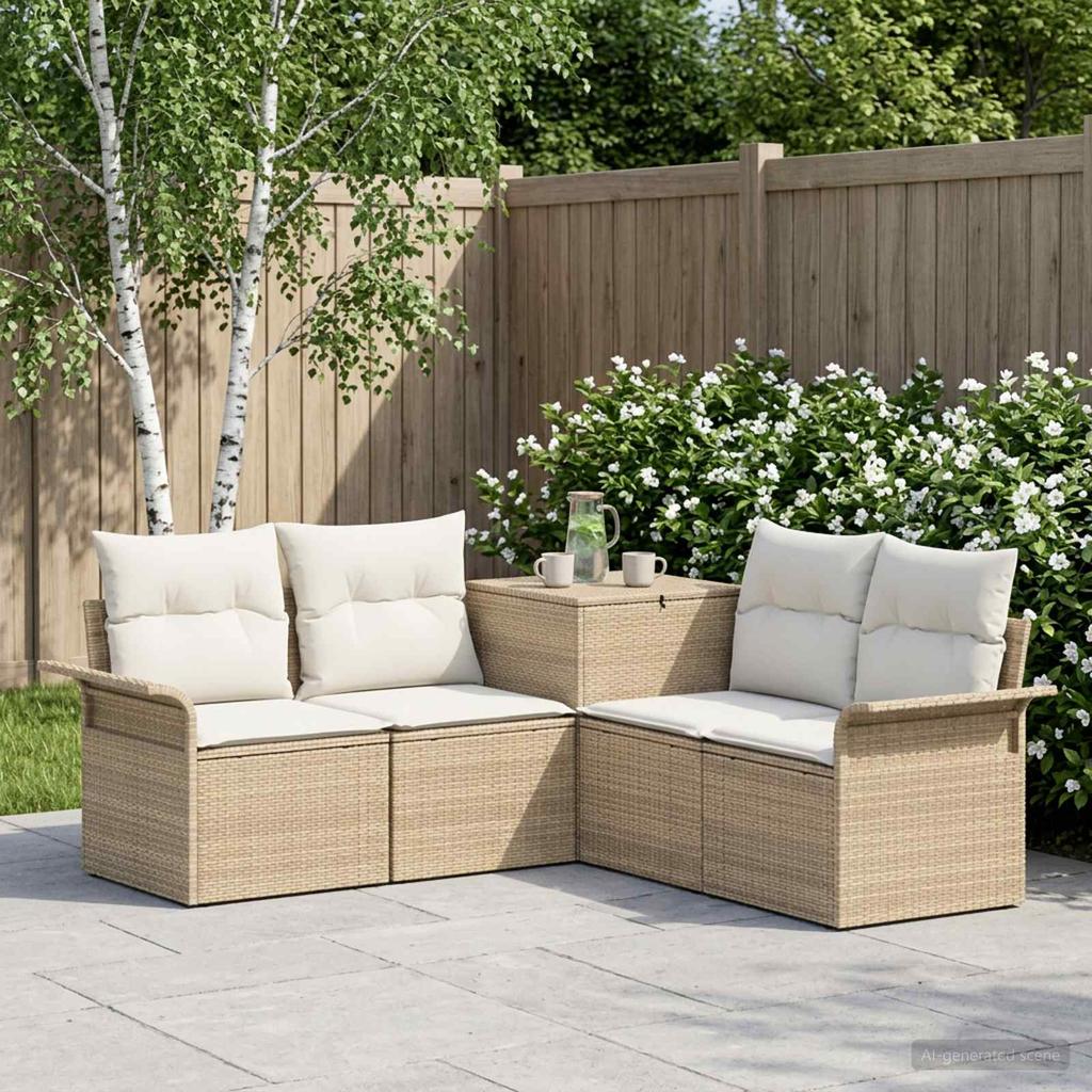 Sofa Set 5 Pieces Beige and Cream White Poly Rattan and Steel