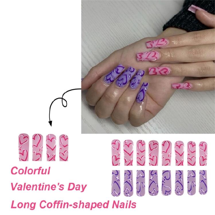24 Pcs Long Coffin Press On Nail Heart Artificial Nail Valentines Day False Nail Festival Stick On Nail for Holiday