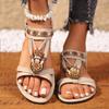 Fashion Vintage Ethnic Wind Soft Sole Sandals Women Boho Beaded Non-Slip Vacation Seaside Flat Beach Shoes Plus Size