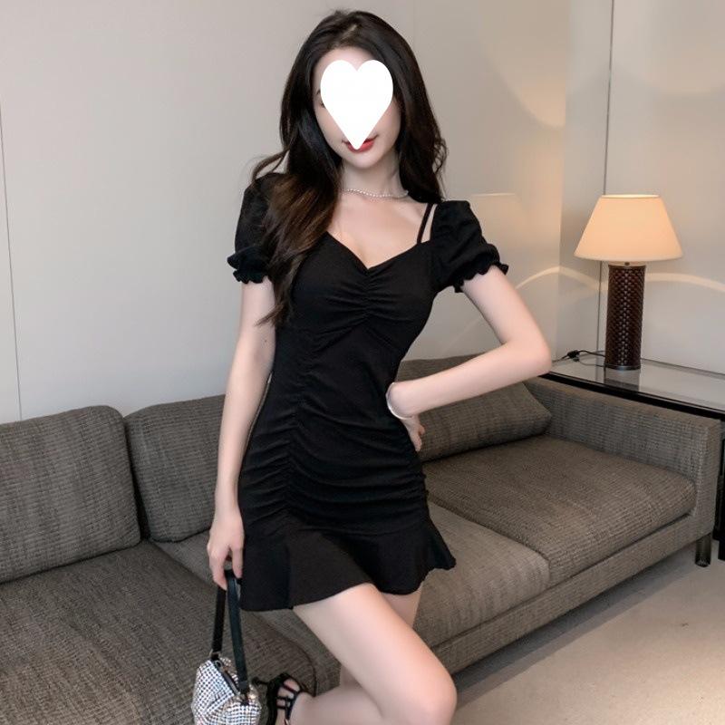 One-word Neck Dress Slim-fitting Bubble Sleeve Pleated Hip-wrapped Suspender Skirt Temperament Small Short Skirt Female Summer