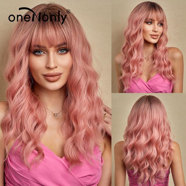 oneNonly Purple Blue Wig with Bangs Long Wavy Cosplay Lolita   Women Wigs  Halloween Party High Temperature Hair