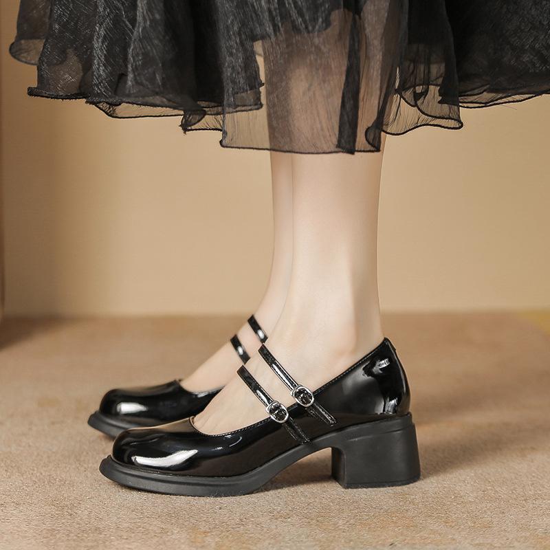 

Весенне-осенние туфли на высоком каблуке, женские новые туфли Мэри Джейн на платформе, с круглым носком, маленькие кожаные туфли, универсальные туфли на толстом каблуке 39 чёрный
