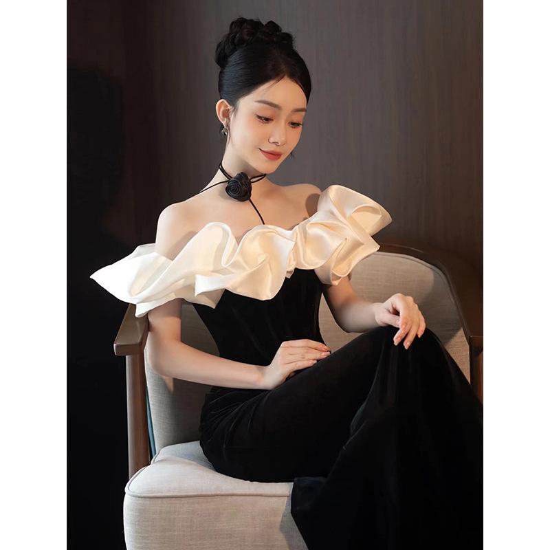 Black One-word Shoulder Evening Dress, Femininity, High-end Fishtail, Advanced Sense, Adult Ceremony Banquet Dress, Light Luxury Niche