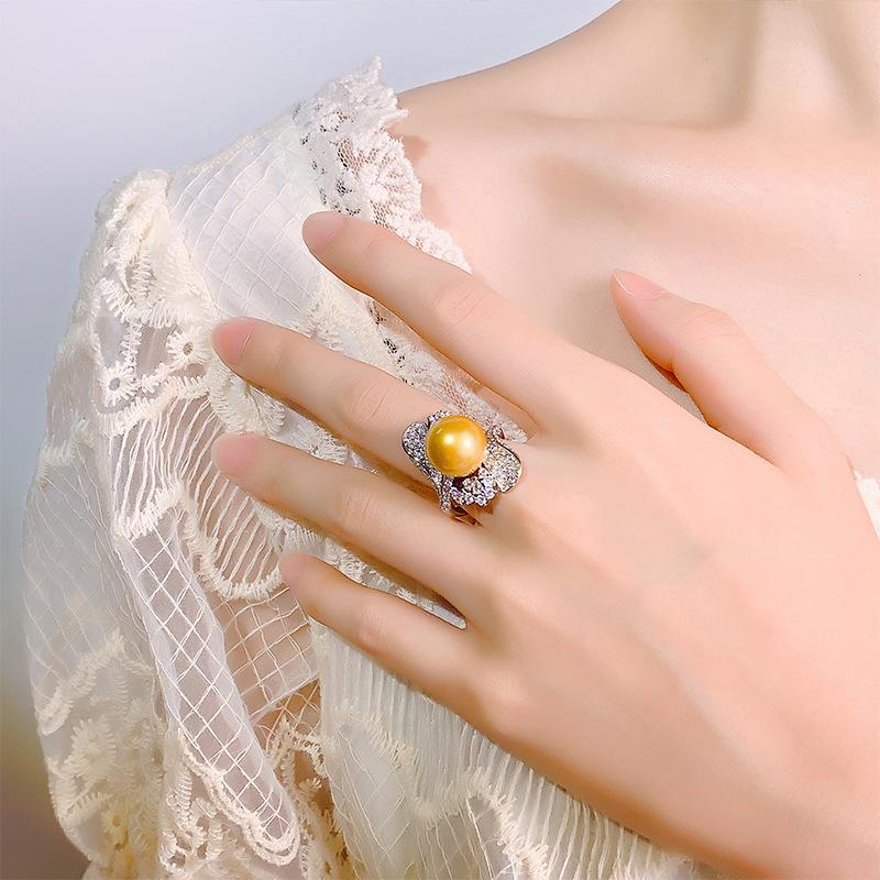 New Pearl Ring Gold Bead White Gray Open Mouth Style Fashionable Retro Women's Accessories