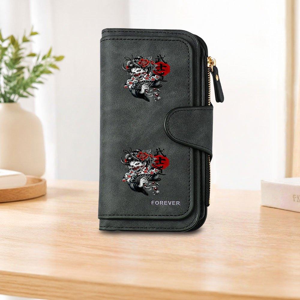 Prajna Geisha Tattoo Long Zipper Wallet, Large Capacity Card Holder, Unisex Clutch Bag, Fashionable Zipper Coin Purse, Suitable for Daily Use, A
