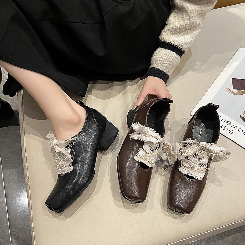 Thick heel square head black lace-up small leather shoes single shoes women's shoes 2025 new spring and autumn retro casual loafers