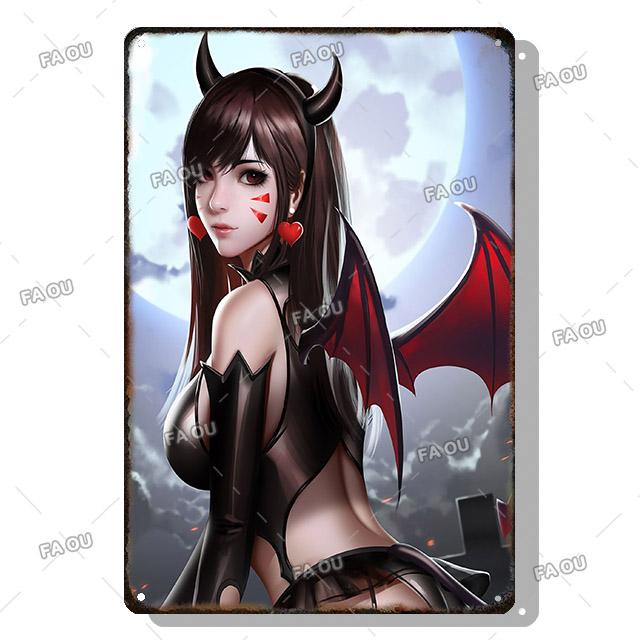 Sexy Anime Girl Metal Plate Game Figure Vintage Tin Sign Bar Club Art Decorative Plaques for Modern Home Room Wall Decor Poster