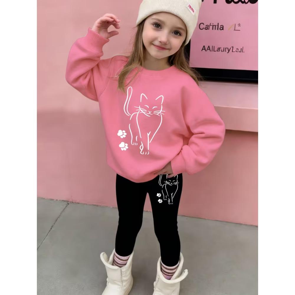 Girls' Cat Sketch Print Casual Comfortable Soft Loose Pullover Sweatshirt and Leggings 2-Piece Set, New Autumn/Winter, Playful, Sweet and Cool Style