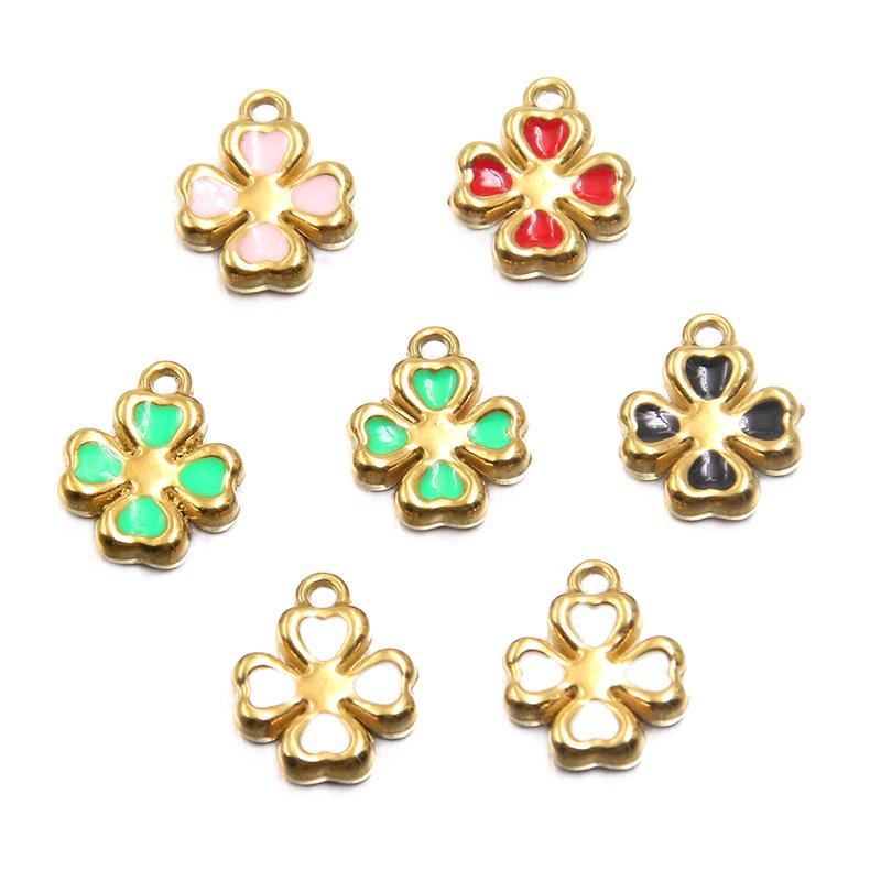 10x12mm Double-Sided Enamel Four-Leaf Clover Pendant, Stainless Steel, 5 Colors, DIY Jewelry Accessory