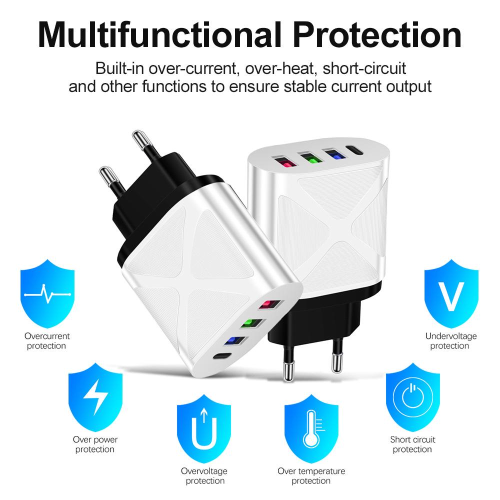 Multi-Port 5V 2.4A Reise-Ladegerät mit 3 USB- & Typ-C-Anschlüssen für EU-, US-, UK-Standards
