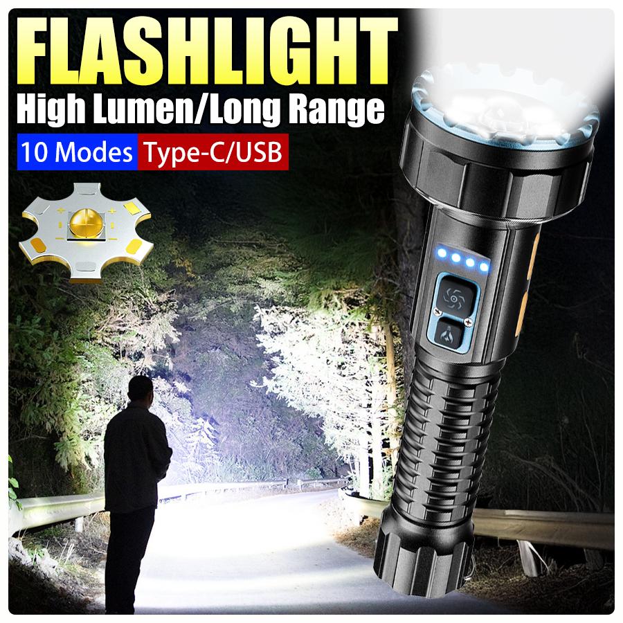 Rechargeable 9-LED High Lumen Tactical Flashlight, 10 Modes Waterproof EDC Flash Light Outdoor Survival Torch for Camping Hiking