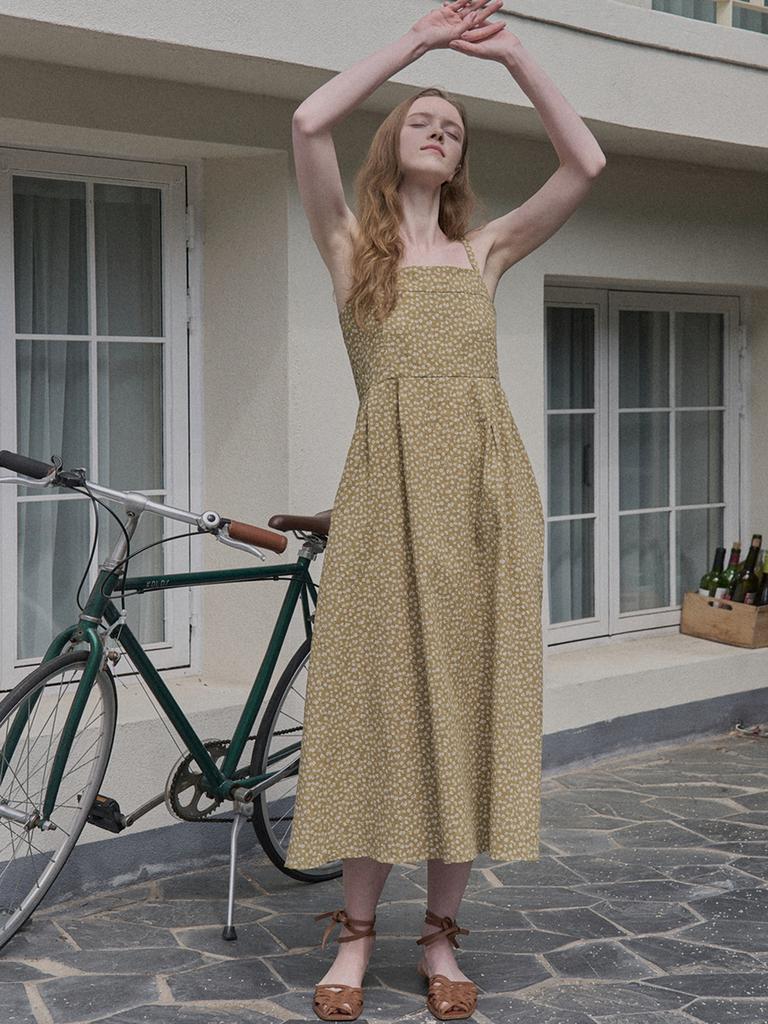 AVANT-G Floral Pattern Sleeveless Dress - Mustard