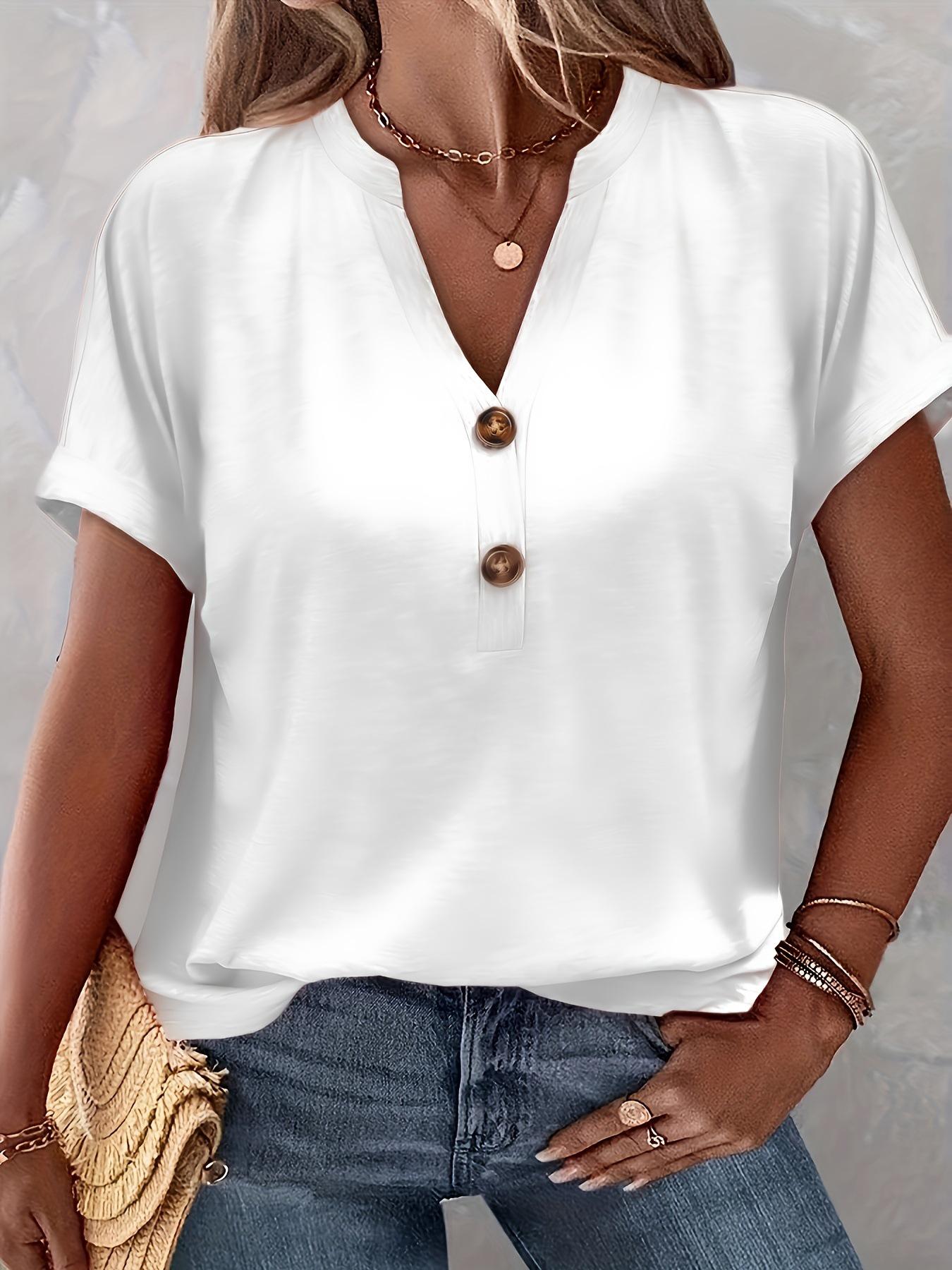 

2025 Spring/Summer Women s European & American Style Solid Color Button Short Sleeve Fashion Top 2XL белый